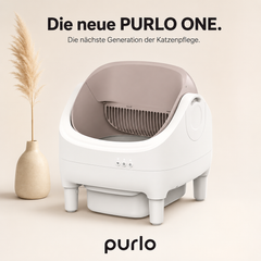 Die neue PURLO ONE selbstreinigende Katzentoilette, oben offen, in Weiß