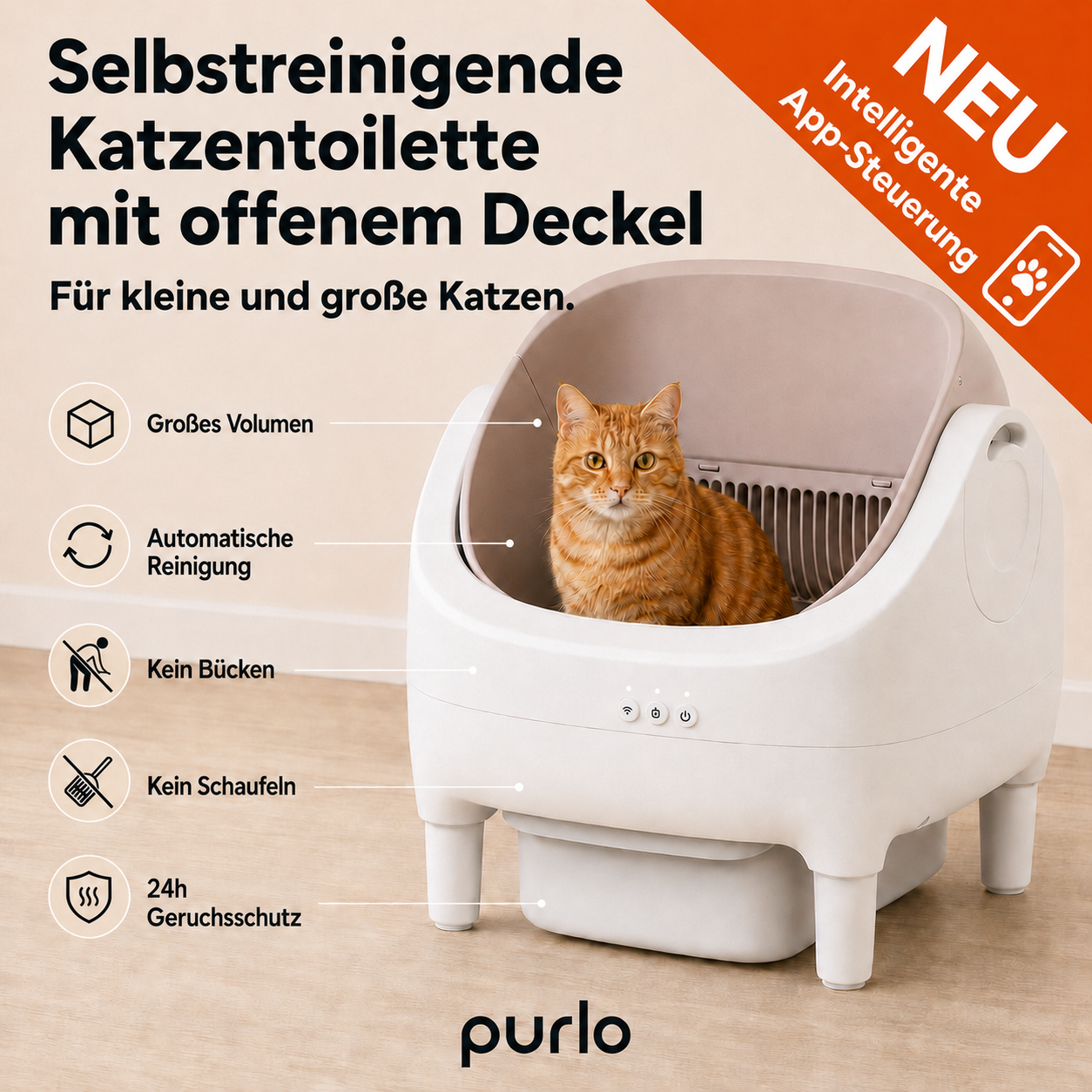 PURLO ONE — Selbstreinigende Katzentoilette, oben offen