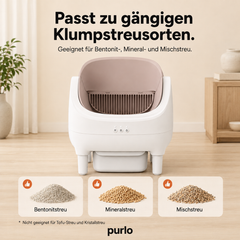 Passt zu gängigen Klumpstreusorten: Bentonitstreu, Mineralstreu und Mischstreu. Nicht geeignet für Tofu- und Kristallstreu