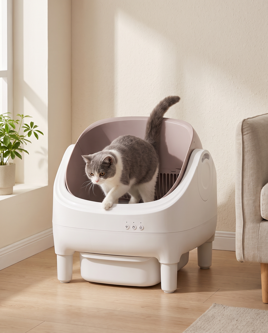 Katze nutzt offene Box · Abfall wird versiegelt